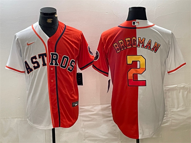 Men's Houston Astros #2 Alex Bregman White/Orange Split With Patch Cool Base Stitched Baseball Jersey